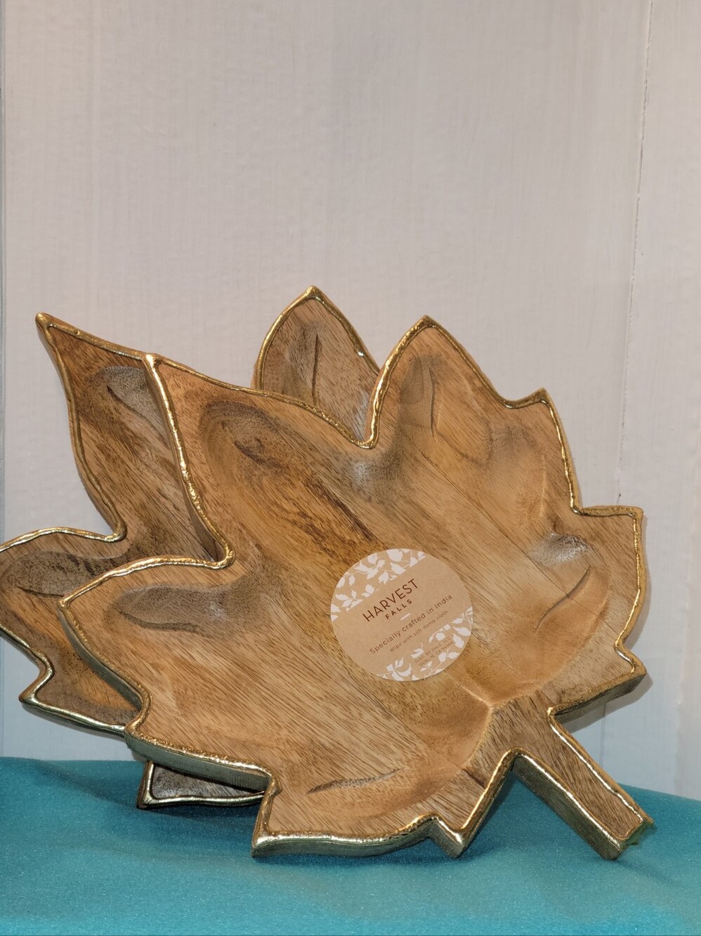 Wooden Leaf Serving Tray- Gold-Trim Brown